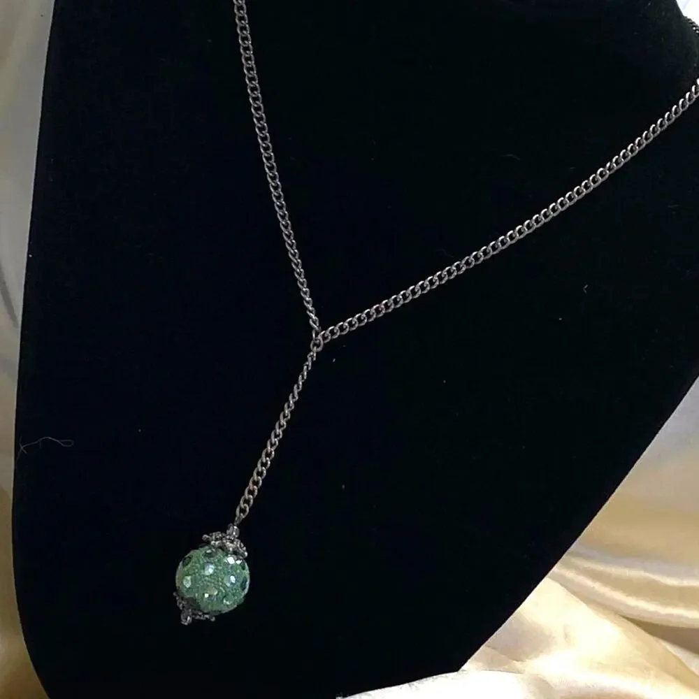 Mid-Century Vintage Green Jeweled Orb Y Necklace Romantic Old-World Silver Tone
